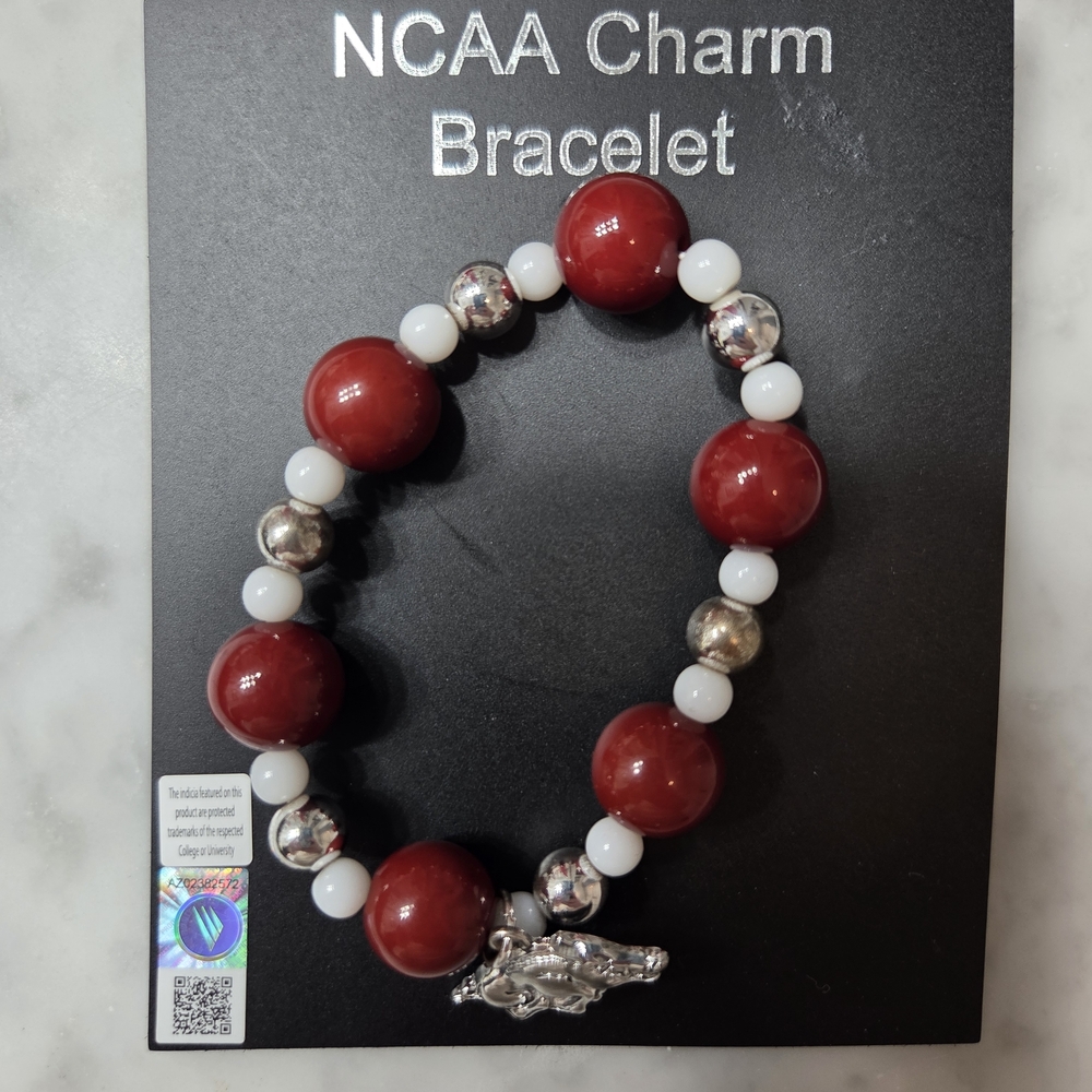 NCAA University Of Arkansas Razorbacks Charm Bracelet - Red and Silver